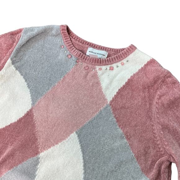 Chenille Argyle Sweater Pink Gray White Size XL Cozy Y2K Grandma Core - Picture 8 of 9
